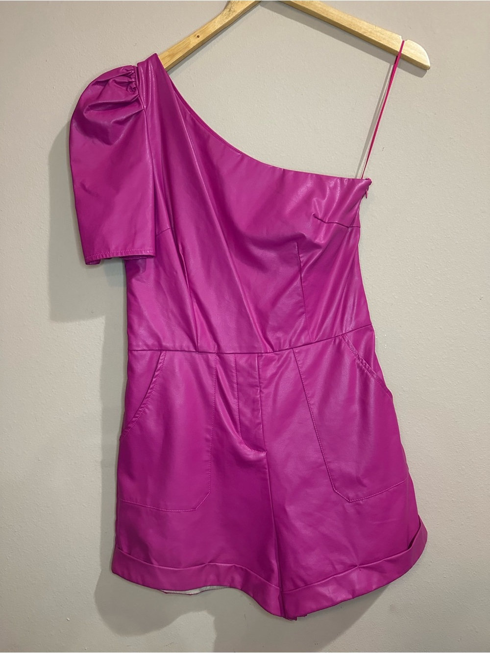 TCEC One-Shoulder Hot Pink Faux Leather Romper Juniors Size Medium